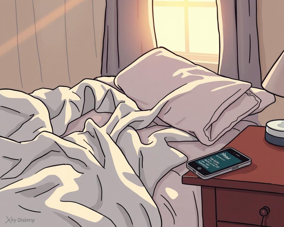 A disheveled bedsheet, crumpled and stained, lies askew on a rumpled mattress. Sunlight streams through half-drawn curtains, casting a warm, diffused glow across the scene. On the nightstand, a discarded cell phone, its screen illuminated, displays a compromising text message exchange. The air is thick with the weight of betrayal, the mood somber and introspective.